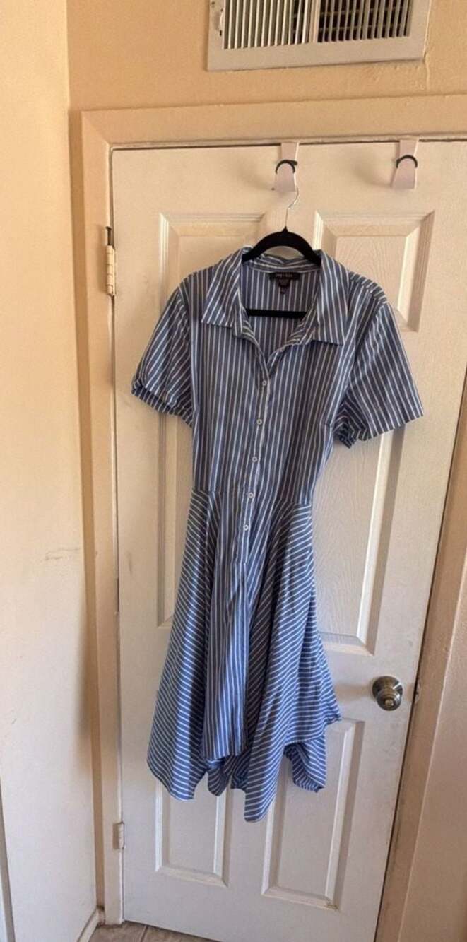 ivy + blu Blue and White Striped Button-Down Shirt Dress with Tie Back HOM1187-G